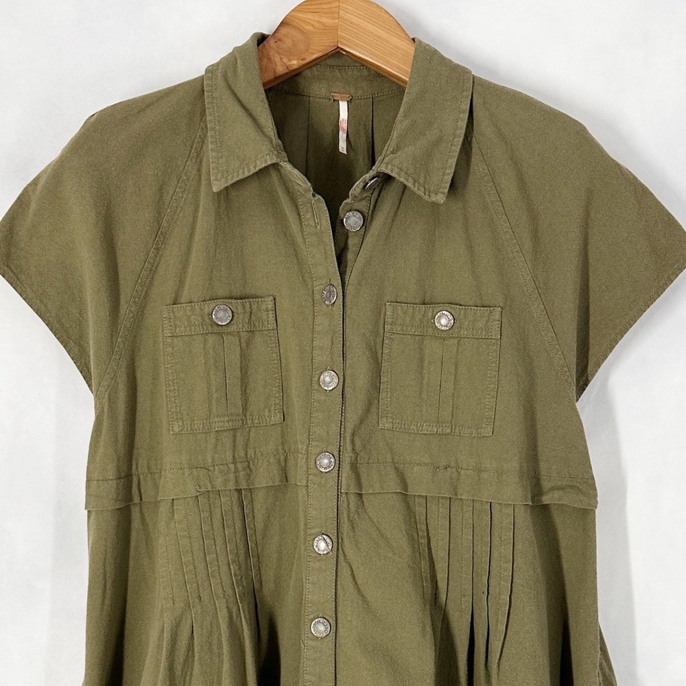 Free People Cotton Ronnie Short Sleeve Olive Green Button Down Dress Size Medium - Picture 3 of 12